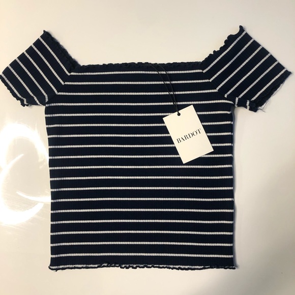Bardot LEA Off Shoulder Navy Stripe TOP - Picture 5 of 6